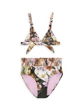 Girls Floral Print Two-Piece Bikini Set in Olive Green, Pink, Cream